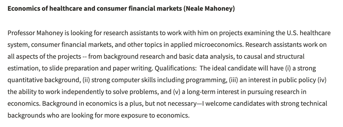 I'm hiring predocs to work w/ me on projects examining the U.S. healthcare system, consumer financial markets, and other topics. 

You'll be part of an awesome community of <a href="/SIEPR/">Stanford Institute for Economic Policy Research</a> predoc fellows and can take classes at Stanford. 

Deadline is Oct 20th. Info below. 

#econra