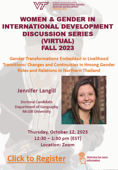 📢Join us for a talk on Gender Transformations Embedded in Livelihood Transitions: Changes and Continuities in Hmong Gender Roles and Relations in Northern Thailand with @jenniferlangill @ WGD DS
🗓️Oct 12, 2023
⏰12:30 - 1:30 pm (EST)
📍Zoom
🔗Register: bit.ly/3thnoAA