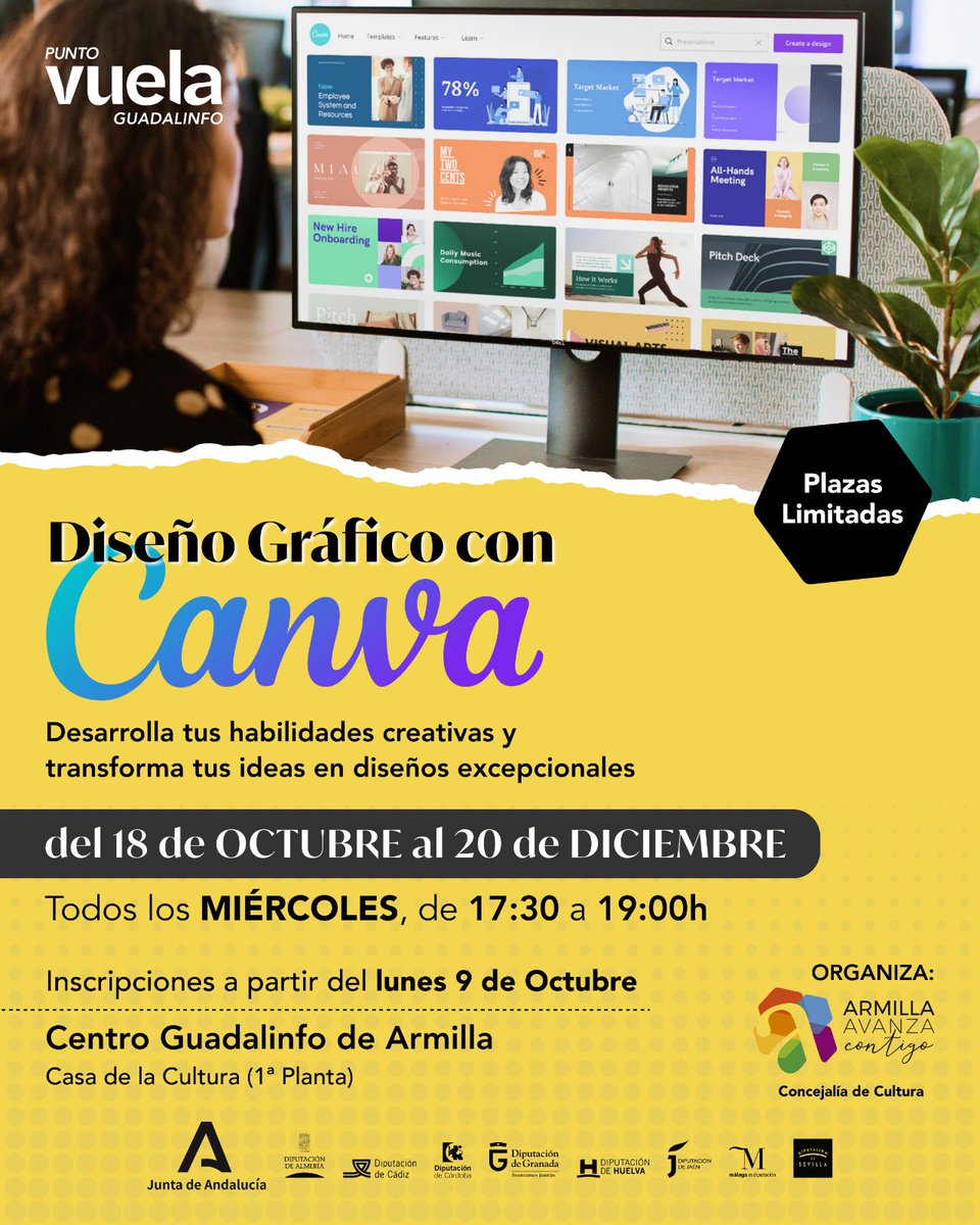 Descubre tu potencial creativo con el curso de Diseño Gráfico con Canva desarrollado por el Centro Guadalinfo
Del 18 de OCTUBRE al 20 de DICIEMBRE todos los MIÉRCOLES, de 17:30 a 19:00h
 Información e inscripciones a partir del lunes 9 de OCTUBRE.
Plazas Limitadas