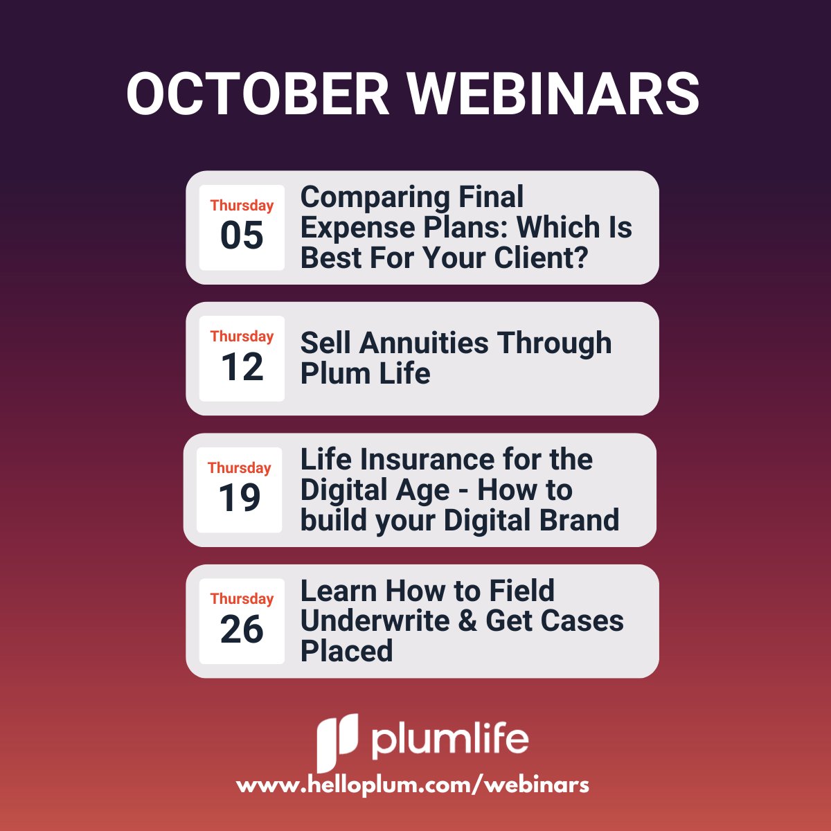 InsurtechE's tweet image. For the month of October Plum Life brings you great webinars to improve your business, check them out lnkd.in/ep_gSjKs

#webinars #lifeinsurance #underwrite