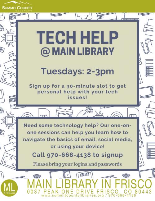 SummitCOEvents's tweet photo. New at the Main Library, Tech Tuesdays!

October 3, 10, 17, 24 &amp; 31 from 2 – 3 p.m.

Need a little extra technology help? Sign up for a 30-minute session with your very own librarian to learn about setting up an email account, downloading an eBook, and more. #SummitEvents https://t.co/a0pP8nkK5K