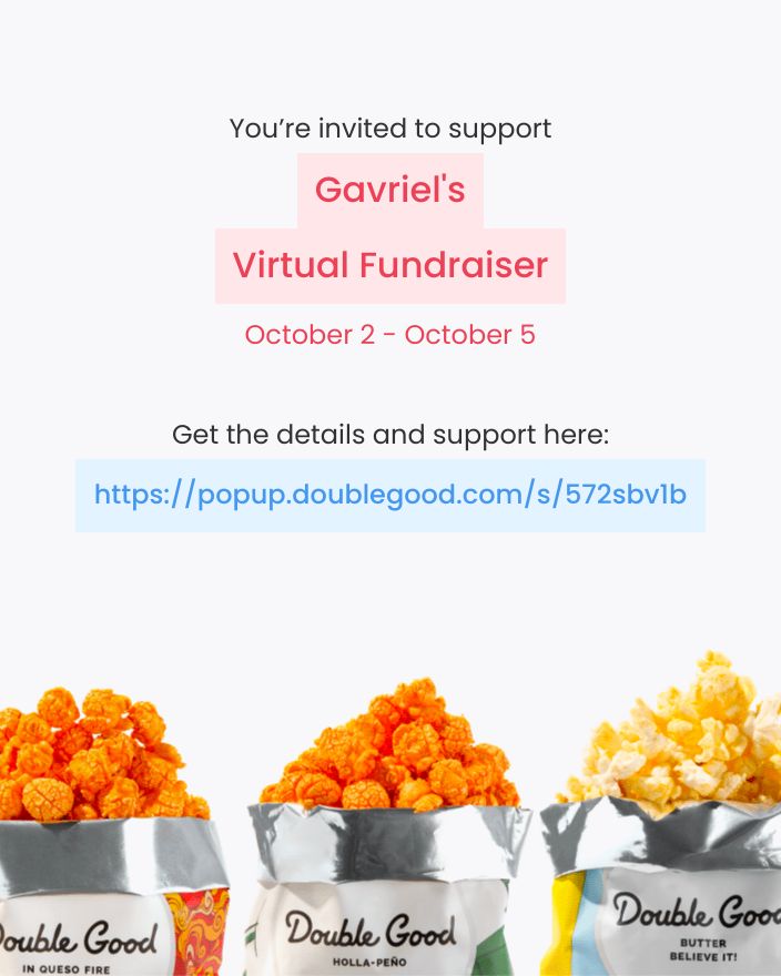 Hi! I’m doing a virtual fundraiser selling Double Good ultra-premium popcorn for 4 days from Sunday, Oct 1 - Thursday, Oct 5. Get all the details and support here: popup.doublegood.com/s/572sbv1b