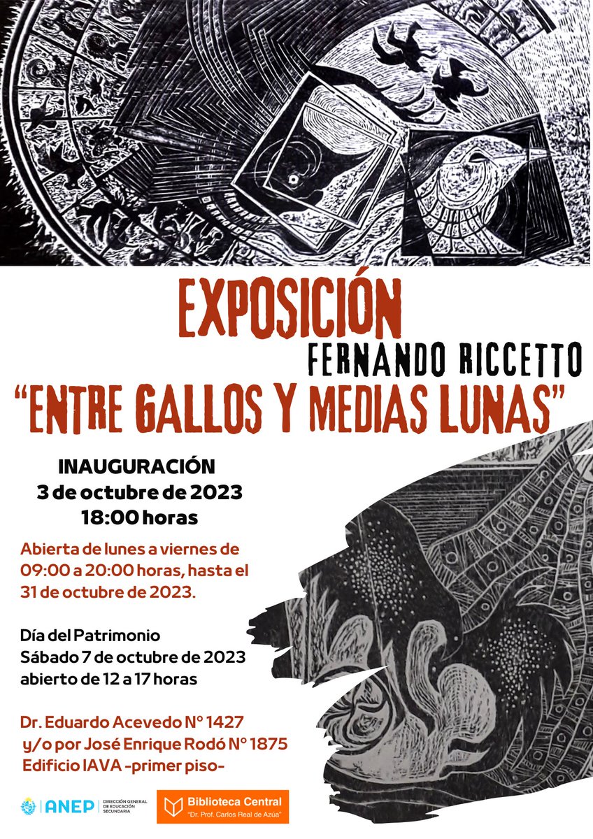 biblioteca_ces's tweet photo. OCTUBRE 🖼️Biblioteca Central de Educación Secundaria tiene el agrado de invitarles a la Exposición del Artista Plástico Fernando Riccetto 📮Dirección: Dr. Eduardo Acevedo Nº 1427 y/o por José Enrique Rodó Nº 1875 1er. LOS ESPERAMOS!  @liceosuy @anep_uruguay https://t.co/VwukVs7lR7