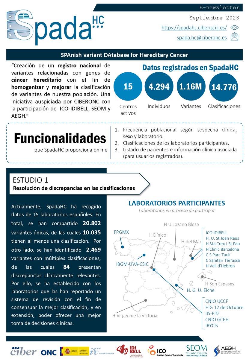 Se publica la primera newsletter de SPADAHC, un registro nacional de variantes genéticas relacionadas con genes de cáncer hereditario, creada con el fin de homogeneizar y mejorar la clasificación de este tipo de variantes en nuestra población.