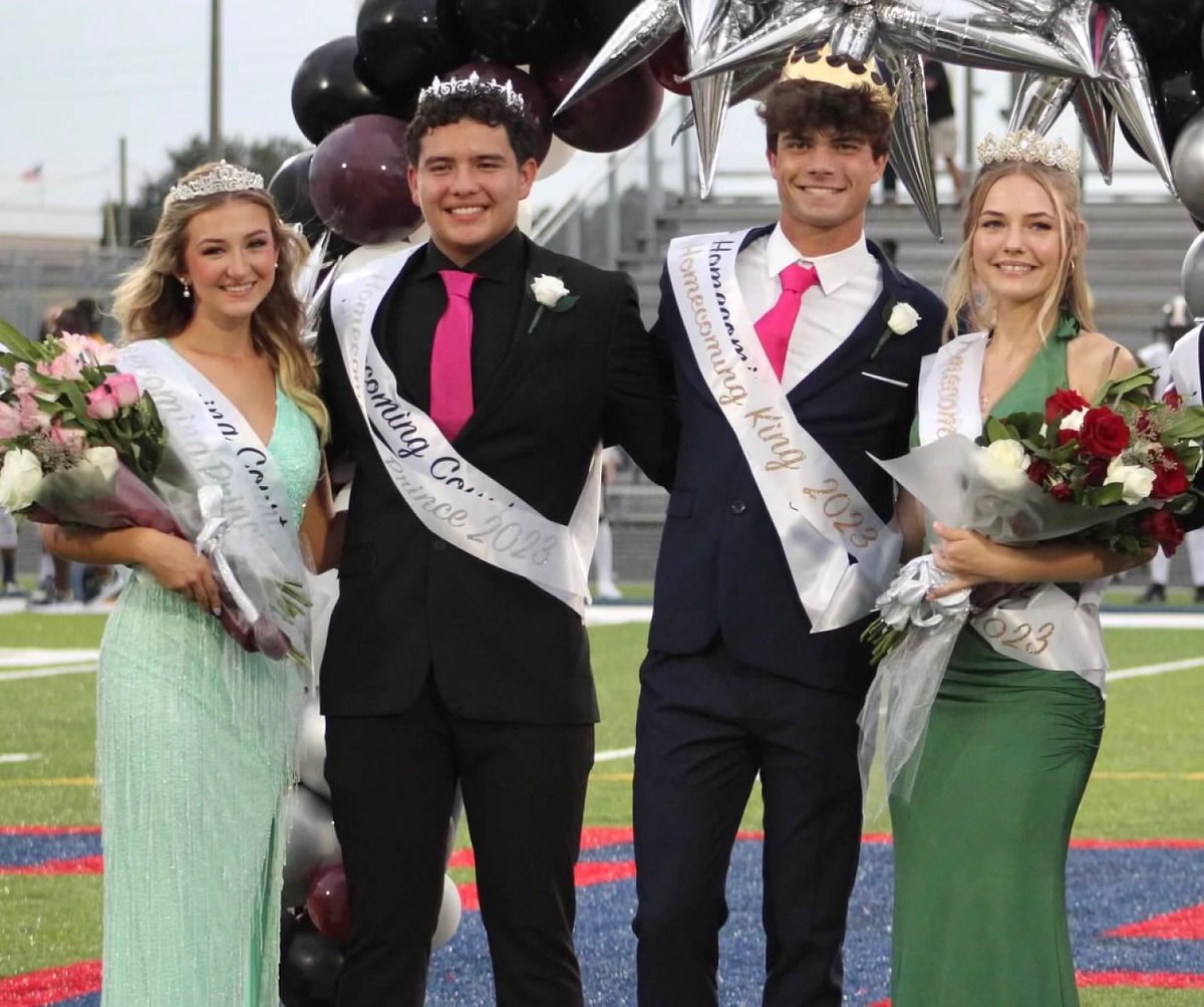 Congratulations to our 2023 Homecoming Royalty. 
(From left to right: Princess Taylor Gregory, Prince Andrew Ortega, King Adison Scott and Queen Lindsay Burgess)