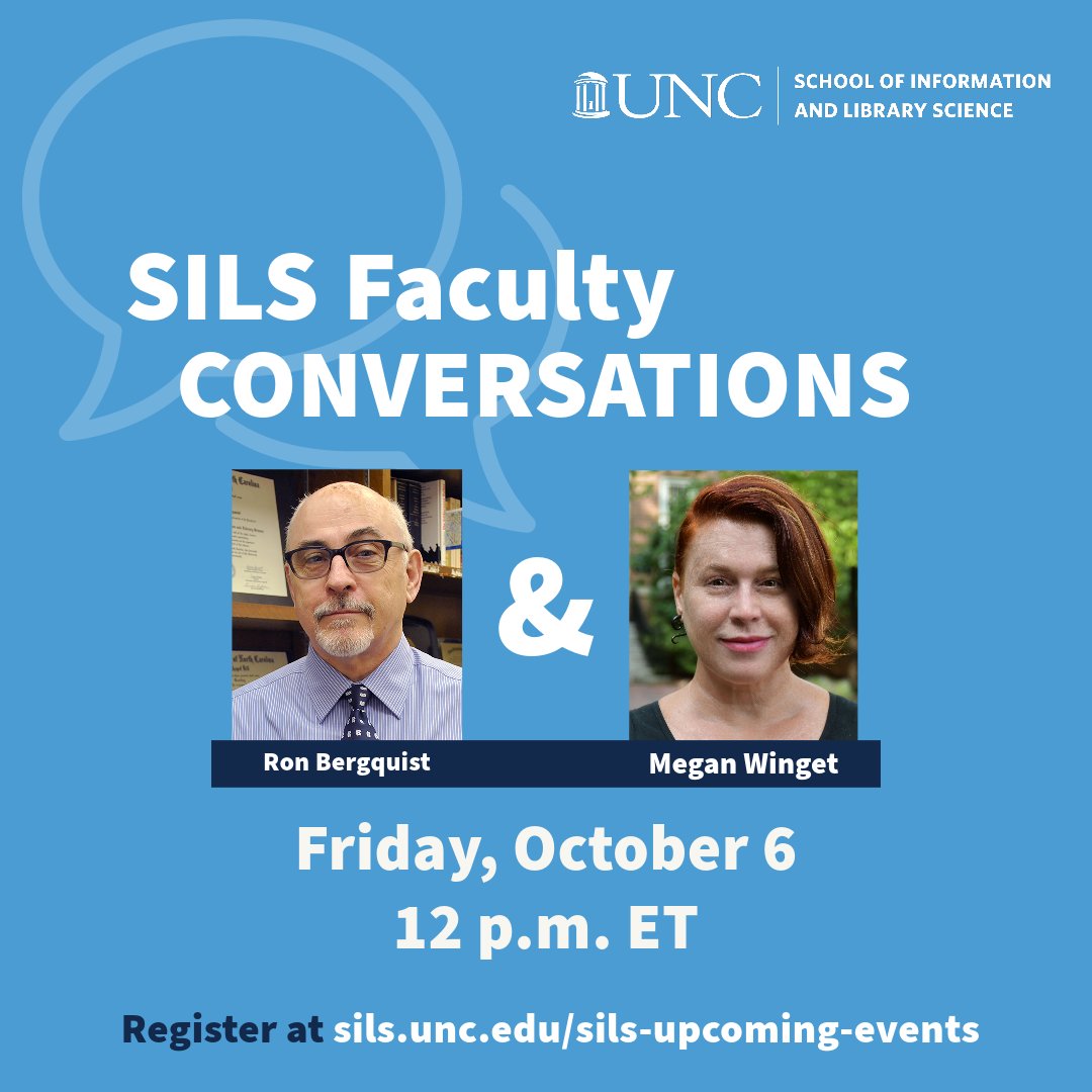 We've been enjoying some fascinating conversations between faculty members! Register now for this Friday's chat between Ron Bergquist, an expert on public libraries and user-centered design, and Megan Winget, an expert on digital preservation and digital repositories.