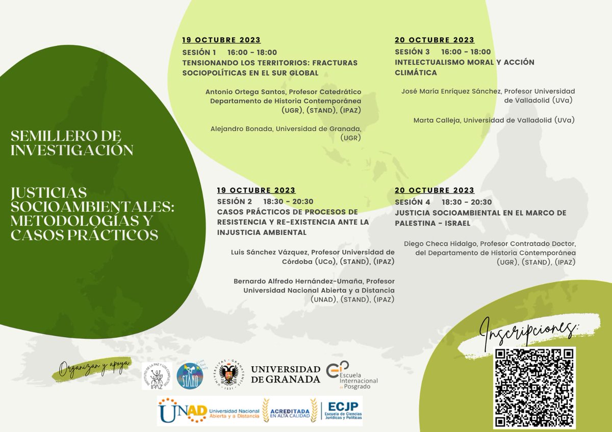 aortegasugr67's tweet photo. Semillero Investigación Justicias Socioambientales. Metodologías y Casos Prácticos. @StandUgr @IPAZGranada @escuelaposgrado 19-20 Octubre. Os esperamos. https://t.co/jkB2eXhH6r