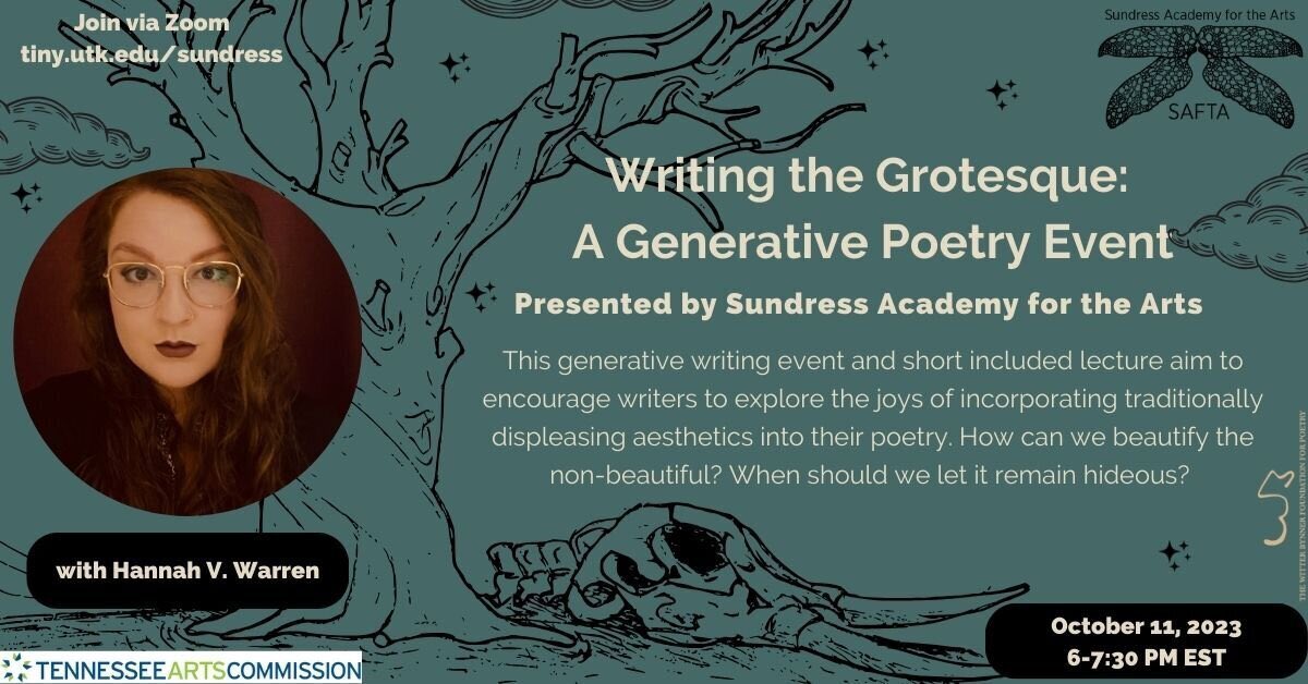 Hey folks, friends, and fancy fishes—come hang out with me online next week and write about weird stuff. Please share widely! Writing the Grotesque: A Generative Poetry Event October 11, 2023, 6:00-7:30PM EST Find out more: sundresspublications.com/safta/workshops