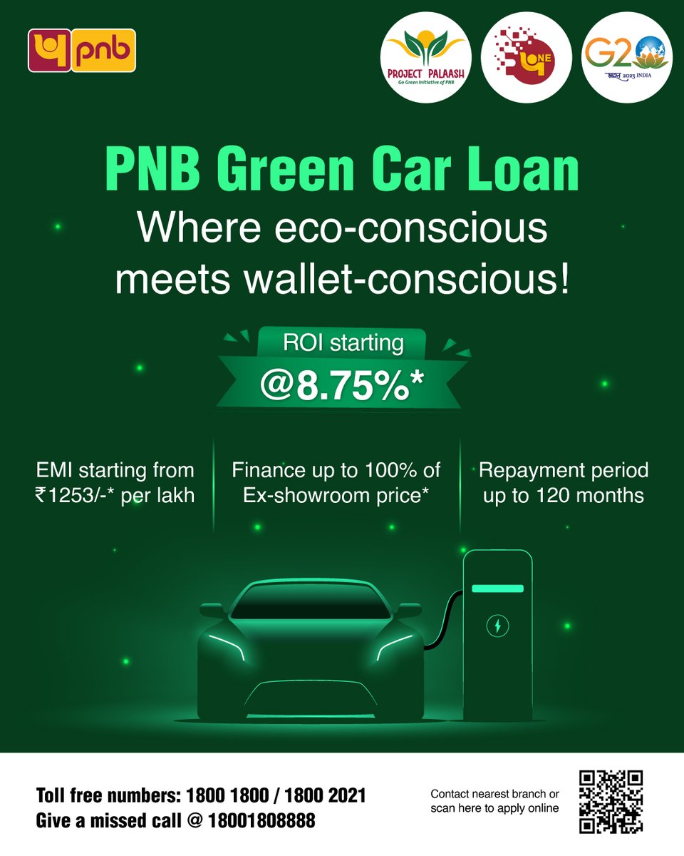 Revving up our commitment to a cleaner planet with PNB Green Car Loan!

 To apply online, click: pnbindia.in/CF-Loan.aspx?c… 

#GreenCarLoan #CarLoan #ElectricVehicle #PNB #Banking #Digital