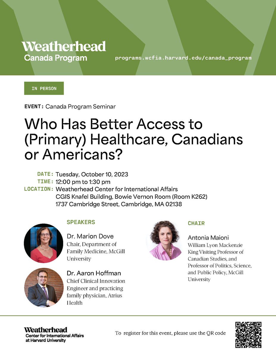 Join us on 10/10 to find out: Who has better access to (primary) healthcare, Canadians or Americans? @BerkeleyCanada @HarvardWCFIA shorturl.at/kCJNS
