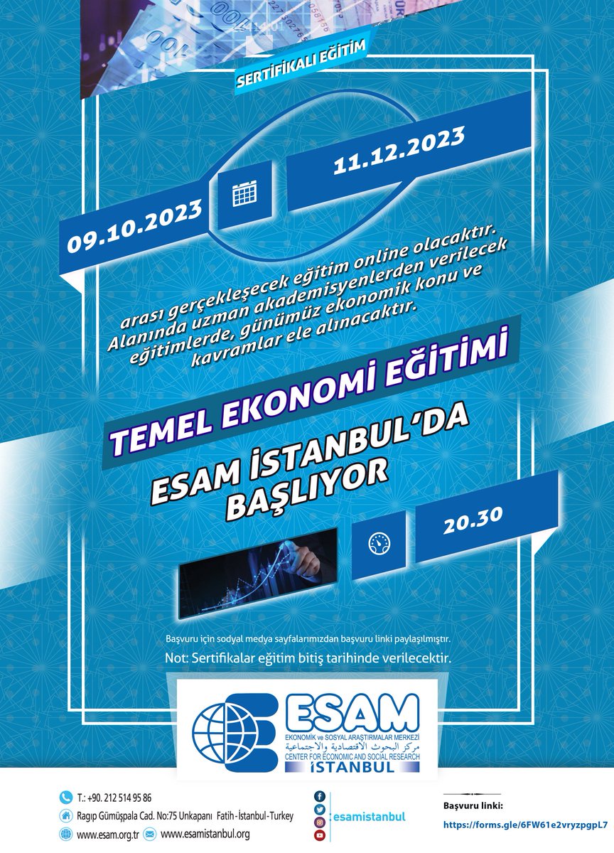 Sertifikalı 'Temel Ekonomi Eğitimi' ESAM İstanbul 'da başlıyor! 09.10.2023-11.12.2023 Arası gerçekleşecek eğitim online olacaktır. Alanında uzman akademisyenlerden verilecek eğitim için 7 Ekim tarihine kadar aşağıdaki linkten başvurular alınacaktır. forms.gle/6FW61e2vryzrpg…