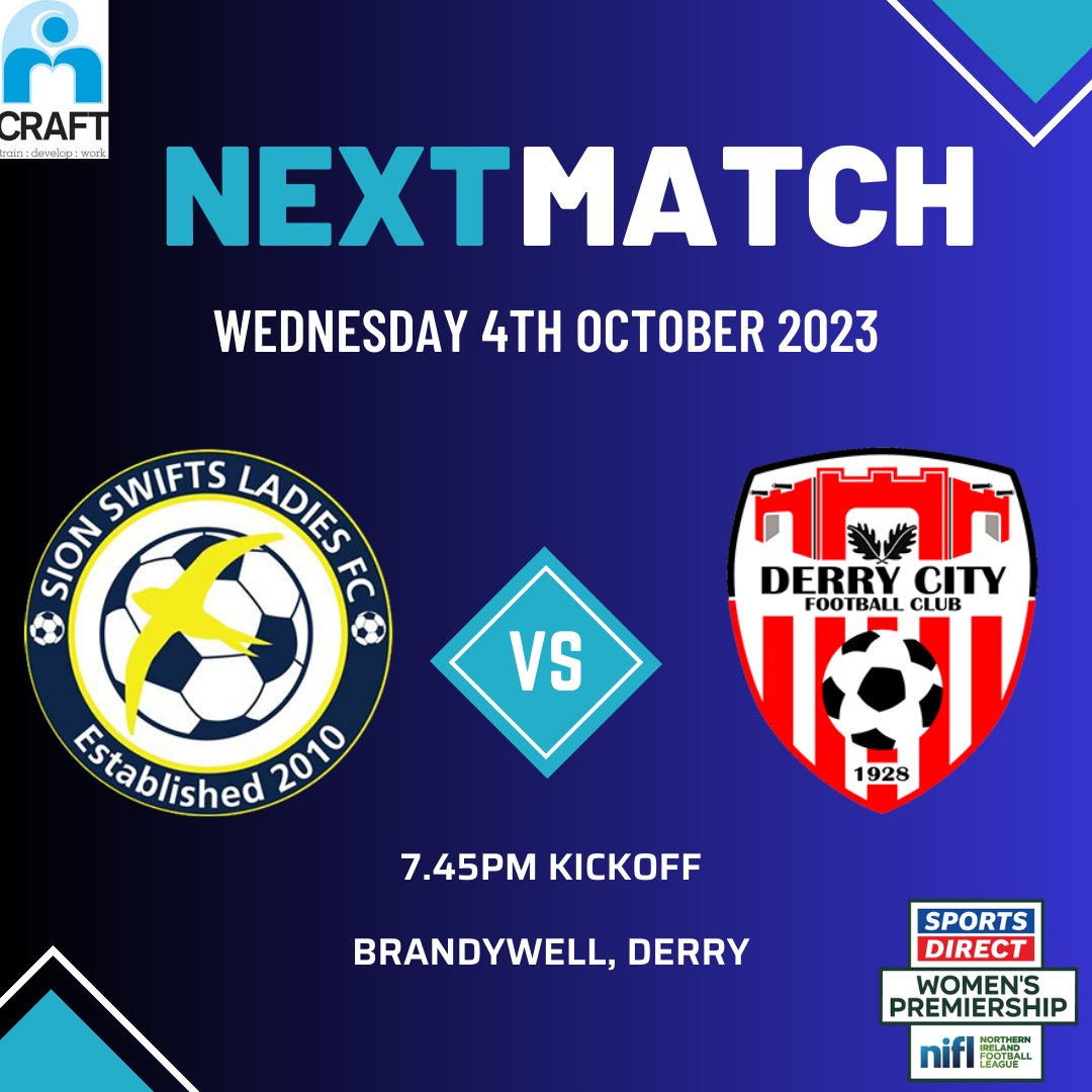 𝙉𝙀𝙓𝙏 𝙂𝘼𝙈𝙀 ⚽🔵🟡 Quick turnaround from Friday nights fantastic victory over Linfield as our girls now turn their focus Derry City FC Women on Wednesday night💪 📆 Wednesday 4th October 🕗 7.45pm Kickoff 🏟️ Brandywell, Derry #cmonyuswifts 💙💛 #SportsDirectWomensPrem