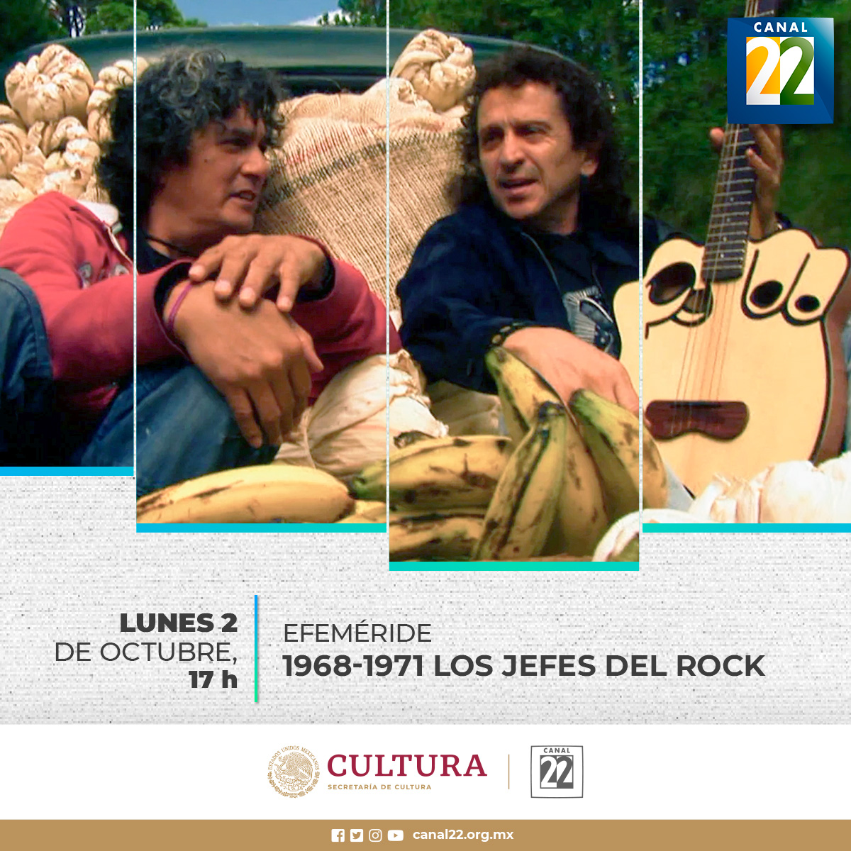 Canal22's tweet image. Disfruta de la programación del día de hoy:

📌#LosJefesDelRock (1968-1971)
🕟17:00 h

📌#Esquizofrenia /  “De viaje con los Stones, las alucinantes visitas de los Rolling a Perú”
🕟18:00 h

📌#Marquesina
🕟 19:00 h

📌 #EstoEsÓpera
🕟22:00 h
