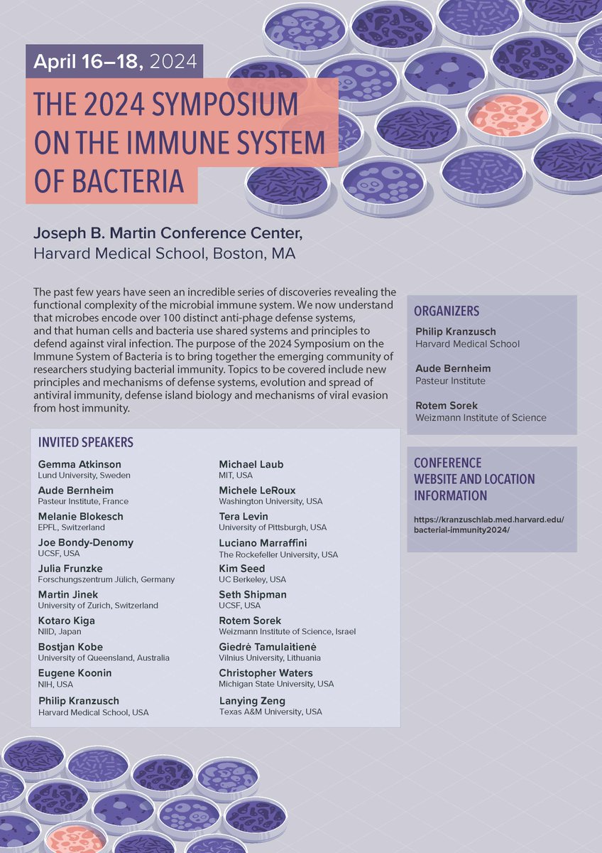The 2024 Symposium on the Immune System of Bacteria conference website is now online with a complete invited speaker list: kranzuschlab.med.harvard.edu/bacterial-immu…. Registration will begin in November and the final program will feature many selected trainee talks!