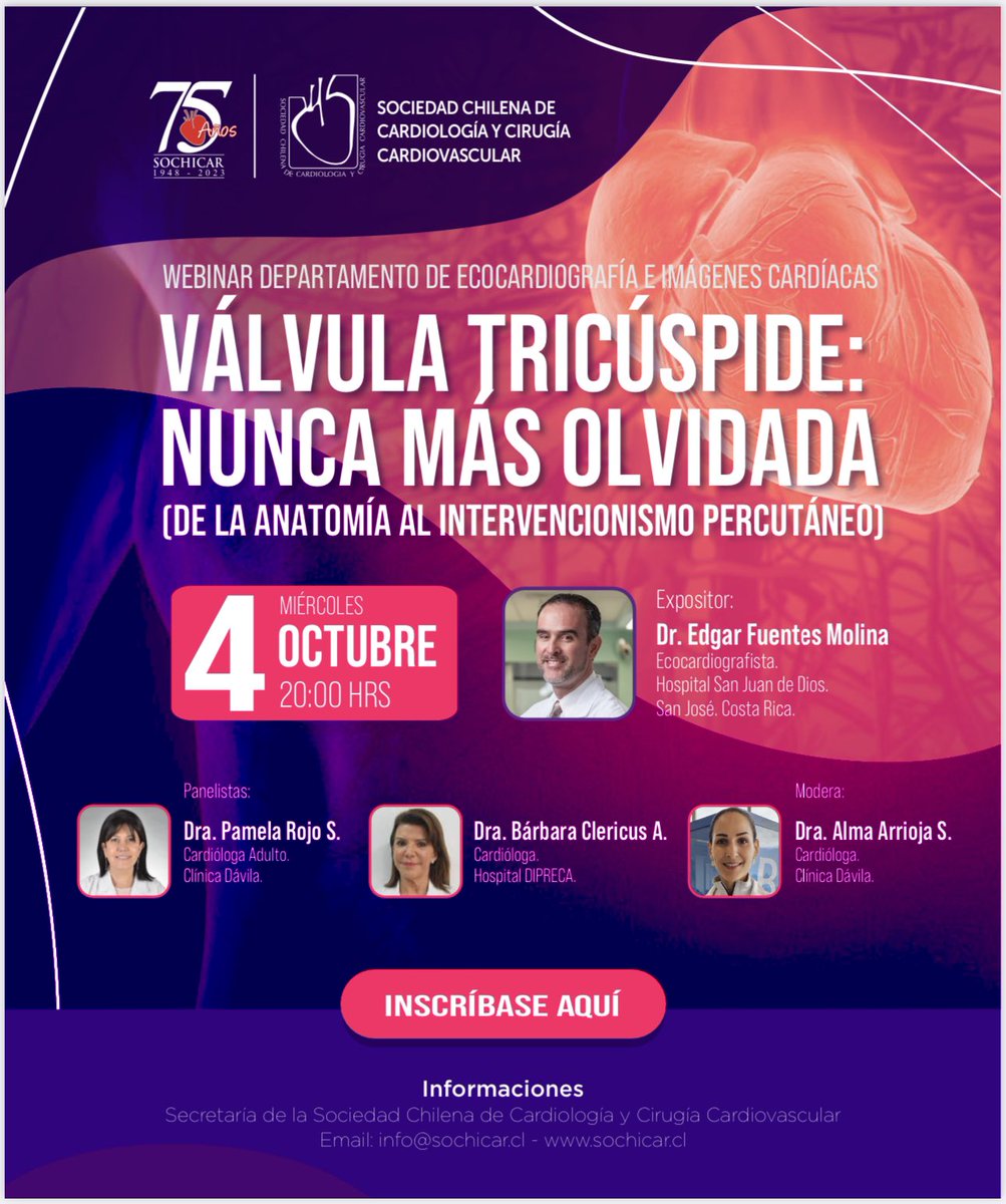 SISIAC (@sisiacoficial) on Twitter photo 📣📣📣📣📣
#SISIAC y <a href="/Sochicaroficial/">Soc. Chilena de Cardiología</a> invitan al siguiente Webinar👇🏻
🗓️ 4 Oct
⏰ 20Hr Chile🇨🇱
🗣️Disertante: Edgar Fuentes🇨🇷 <a href="/drEdgarFuentes/">Edgar Fuentes Molina</a>
👤Moderador: Alma Arrioja🇻🇪 <a href="/almasthela/">Alma Sthela Arrioja, MD</a>
👥Panelistas: Pamela Rojo🇨🇱 <a href="/PamelaRojo12/">Pamela Rojo</a> y Bárbara Clericus🇨🇱
Link👉🏻bit.ly/3ZBLNNb 📣📣📣📣📣
#SISIAC y <a href="/Sochicaroficial/">Soc. Chilena de Cardiología</a> invitan al siguiente Webinar👇🏻
🗓️ 4 Oct
⏰ 20Hr Chile🇨🇱
🗣️Disertante: Edgar Fuentes🇨🇷 <a href="/drEdgarFuentes/">Edgar Fuentes Molina</a>
👤Moderador: Alma Arrioja🇻🇪 <a href="/almasthela/">Alma Sthela Arrioja, MD</a>
👥Panelistas: Pamela Rojo🇨🇱 <a href="/PamelaRojo12/">Pamela Rojo</a> y Bárbara Clericus🇨🇱
Link👉🏻bit.ly/3ZBLNNb