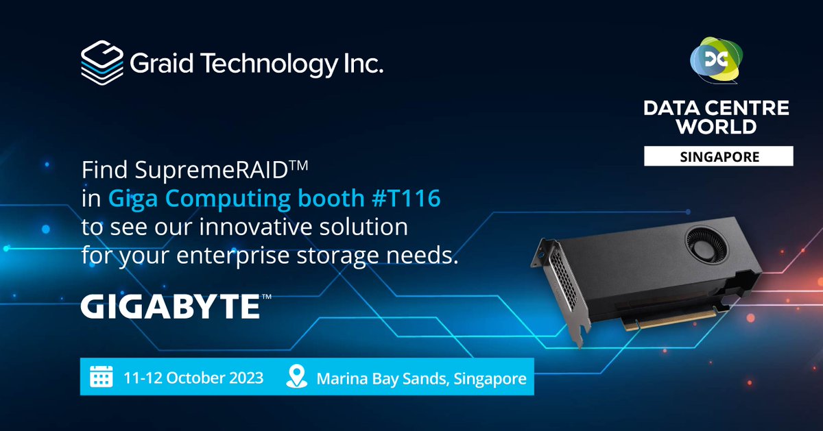 GraidTechnology's tweet photo. Find SupremeRAID™ in Giga Computing booth #T116 at Data Centre World Asia to learn more about the world’s fastest RAID card for #NVMe and #NVMEof. Set up a meeting today!
https://t.co/9FUVKHfSKI(opens in a new tab) https://t.co/olLaEVhDtR