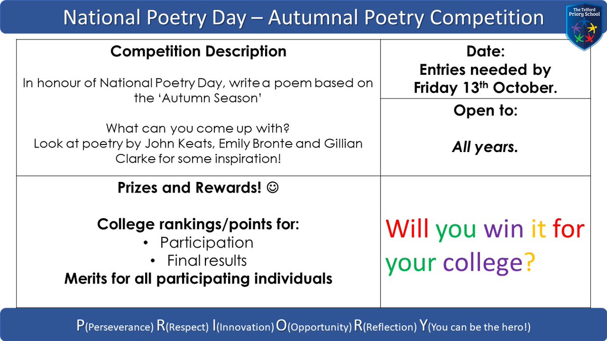 english_tps's tweet photo. Autumn Poetry Competition open to all Telford Priory School students! Please see attached. Entries to Mr Collins or Mr Humphries. https://t.co/0mCK6afjs5