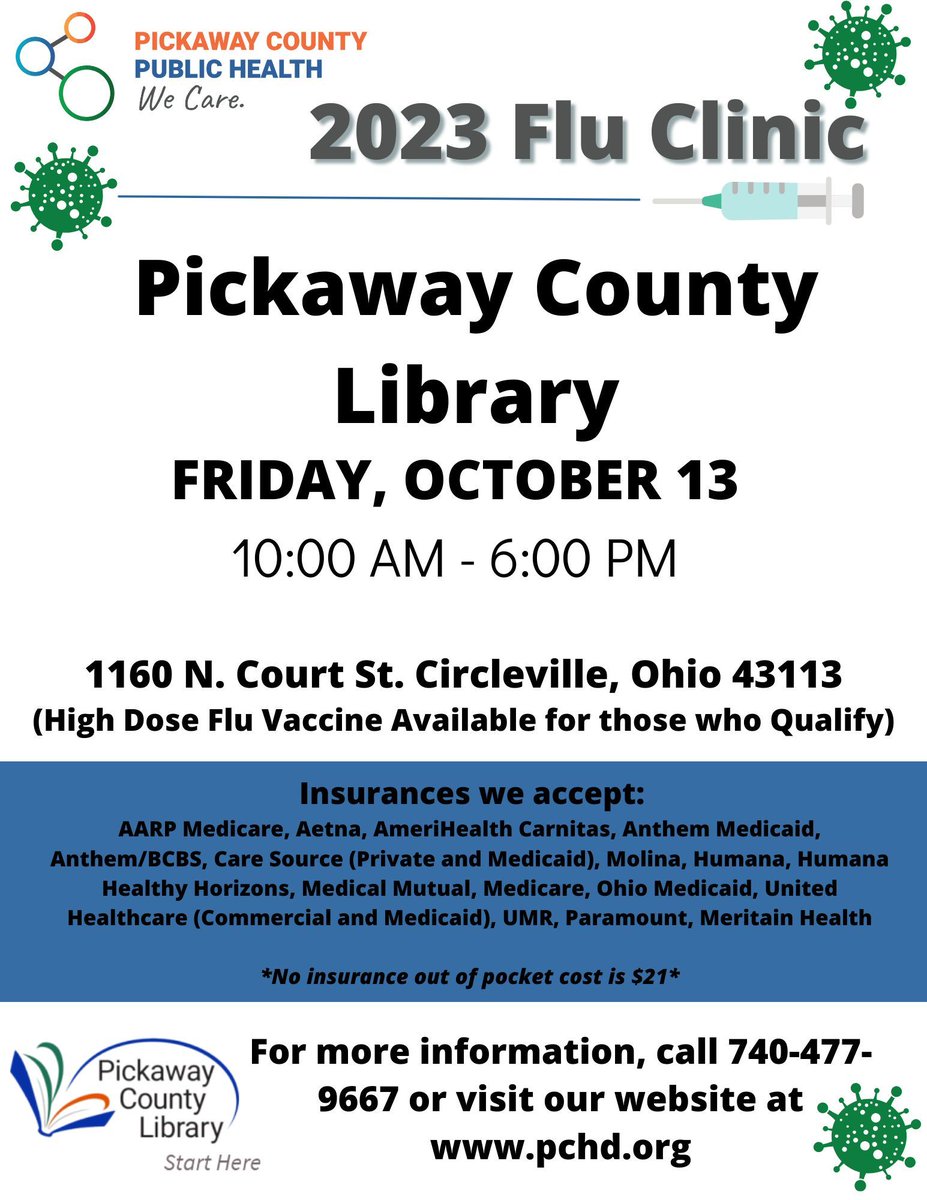 PC_PublicHealth's tweet photo. Flu season is in full swing! Join us at our upcoming Flu Clinic next Friday at the Pickaway County Library for a quick and easy way to protect yourself from the flu. Don't miss out on this opportunity to stay healthy this season! https://t.co/1AZfiVzgSi