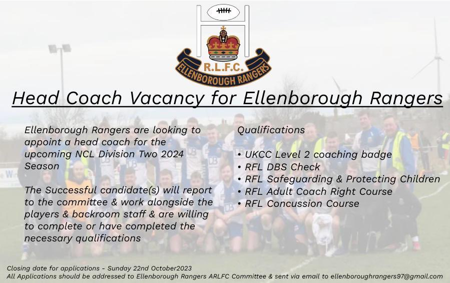 🔊HEAD COACH VACANCY 🔊 

We are now seeking a Head Coach for the upcoming 2024 NCL Div 2 Season.

Applications will close on Sunday 22nd October

Any questions / queries can be directed to the email address on the Advert.

🔵⚪️🔵

<a href="/OfficialNCL/">National Conference League - RL</a> 
<a href="/bbccumbriasport/">BBC Sport Cumbria</a>
<a href="/CarlCumbria2017/">Cumbria ARL</a>