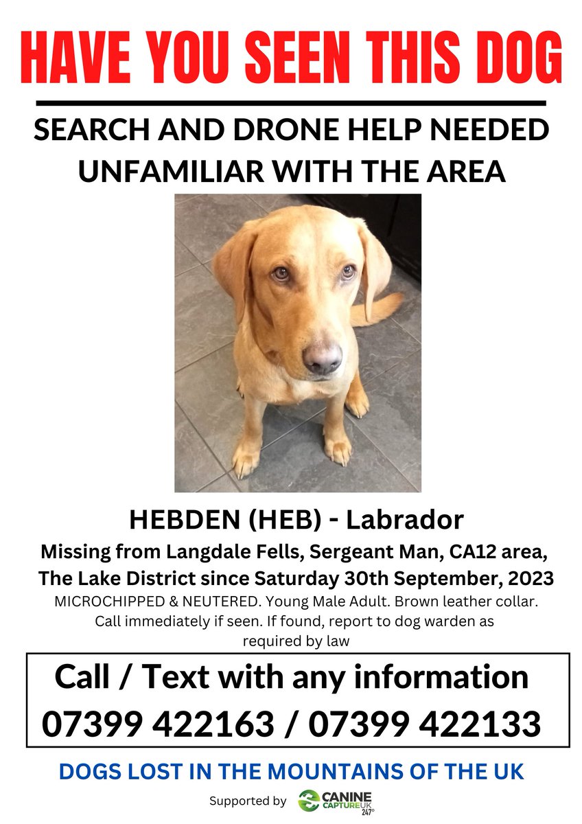 URGENT SHARES AND SIGHTINGS NEEDED ALSO EXPERIENCED SEARCH AND DRONE HELP - MISSING IN AN UNFAMILIAR AREA. 
 #HEBDEN IS #MISSING in  #Langdale Fells, #SergeantMan, #CA12 area,
The #LakeDistrict since Saturday 30th September, 2023 

facebook.com/groups/9820190…