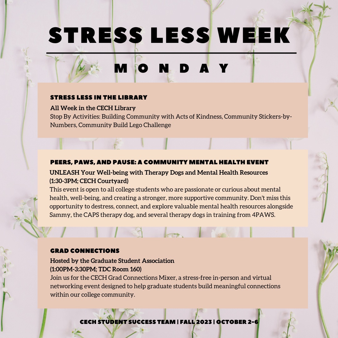 GradCollegeUC's tweet photo. Join @UC_CECH and @CECHSSC in celebrating #StressLessWeek with amazing FREE events for students all week long! Your mental health matters - take a break and recharge! https://t.co/PJG4t055Q4