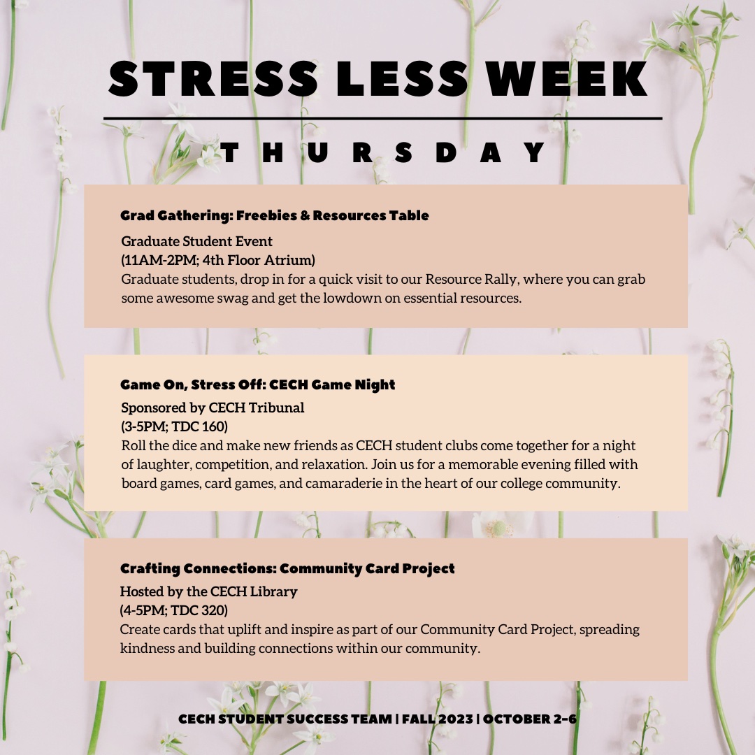 GradCollegeUC's tweet photo. Join @UC_CECH and @CECHSSC in celebrating #StressLessWeek with amazing FREE events for students all week long! Your mental health matters - take a break and recharge! https://t.co/PJG4t055Q4
