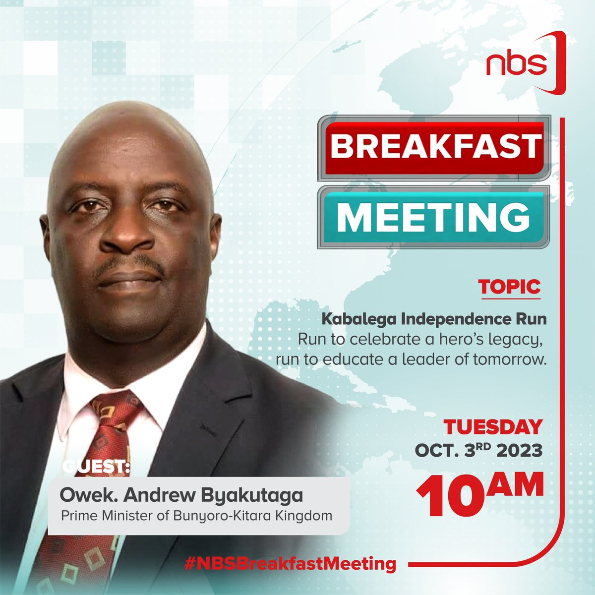Talking the #KabalegaIndependenceRun, the BKK Premier; Owek Andrew Byakutaaga will appear on @nbstv Breakfast Meeting tomorrow. Buy your kits now at all selling points and join in the celebration of #100YearsOfKabalega.