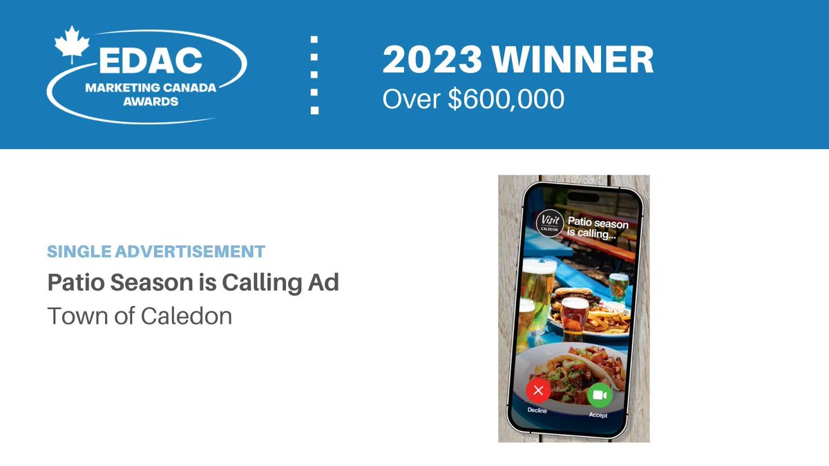E_D_A_C's tweet photo. Congrats to the @TownOfCaledon for taking home #MarketingCanadaAwards honours in Single Advertisement, a truly creative and engaging project.

Check it out ➡️ https://t.co/usDHN8O88q https://t.co/tw4S6vnx2p