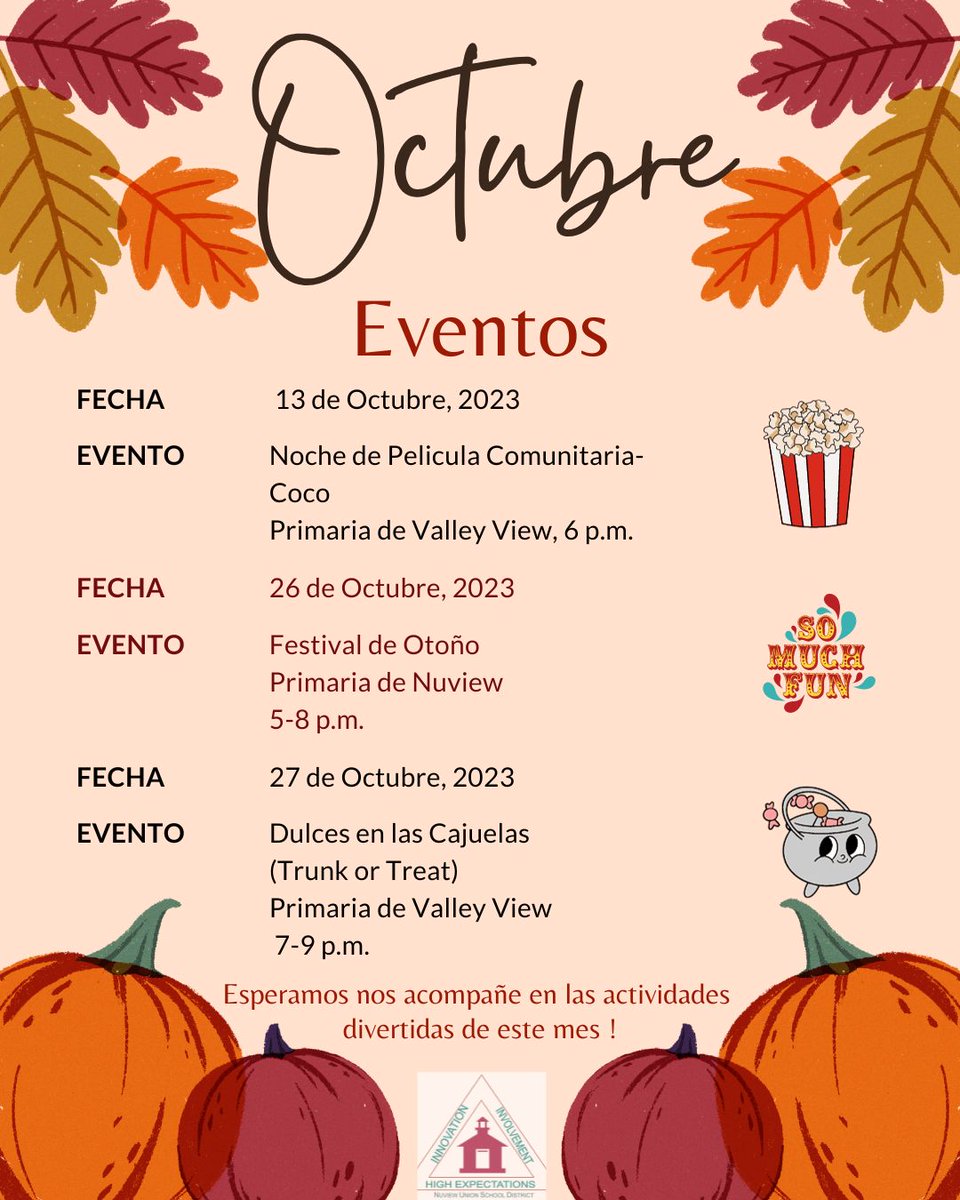 Hello October! This month brings many fun-filled activities for our students and their families. We hope you can join us in one or all of our events!