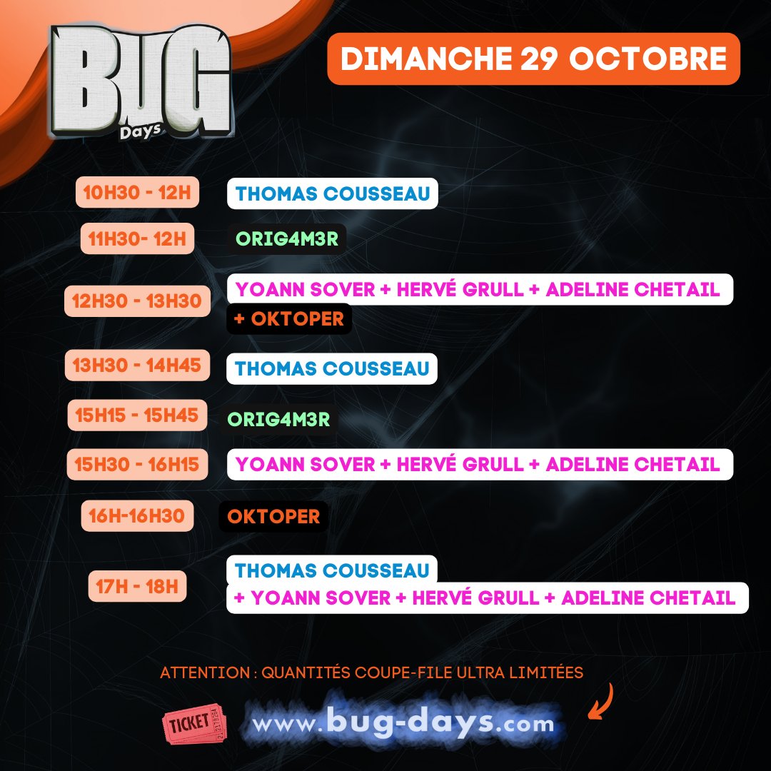 BUG_Days's tweet photo. 𝗹𝗲 𝗽𝗹𝗮𝗻𝗻𝗶𝗻𝗴 𝗱𝗲 𝗹'𝗲𝘀𝗽𝗮𝗰𝗲 𝘀𝗶𝗴𝗻𝗮𝘁𝘂𝗿𝗲 ✍🏼
On sait que vous êtes IMPATIENTS de rencontrer vos idoles 🫶🏼
Alors voici le planning de notre espace dédicaces, pour organiser une partie de votre venue aux #BUGDays ! 🚀
@YoannSover @HerveGrull @adeline_chetail https://t.co/9Jaqe27asD