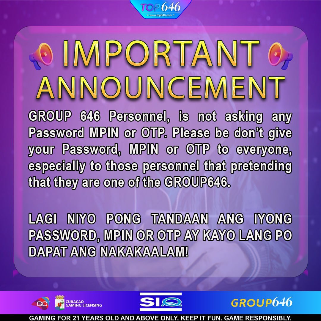 top646_partners's tweet photo. ⚠️ IMPORTANT ANNOUNCEMENT ‼️

➡️ Group 646 Personnel is not asking any Password, MPIN or OTP. Please don't give your Password, MPIN or OTP to anyone, especially to those people that pretends they are one of the Group646.

                                  ~ 646 MANAGEMENT ~ https://t.co/r1P64e2mTj
