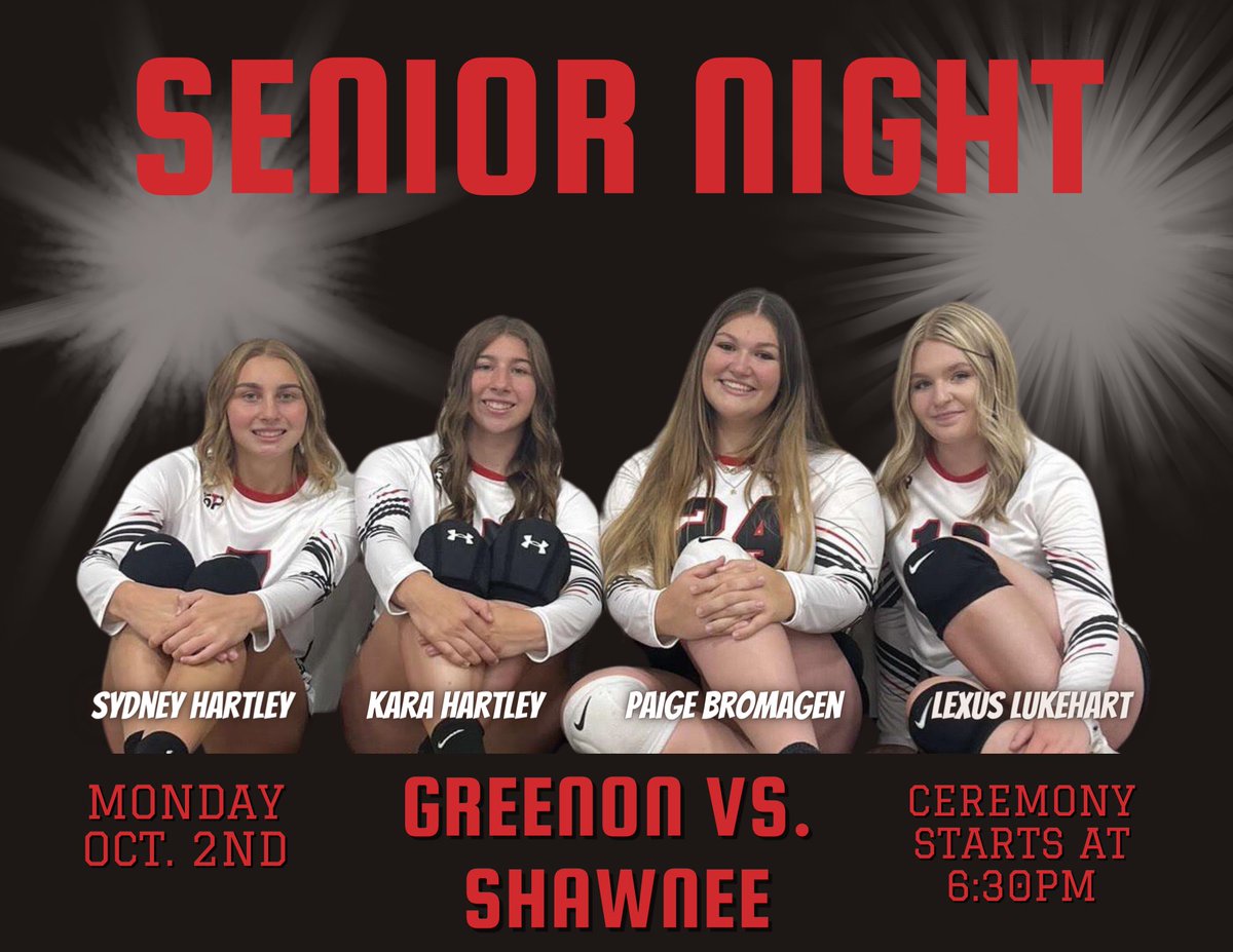 GreenonGirlsVB's tweet photo. It's SENIOR NIGHT! Join us this evening as we celebrate our four seniors and all of their achievements. Team posters and mini volleyballs will be handed out at the game! #KnightTime https://t.co/OtpNK5myFy
