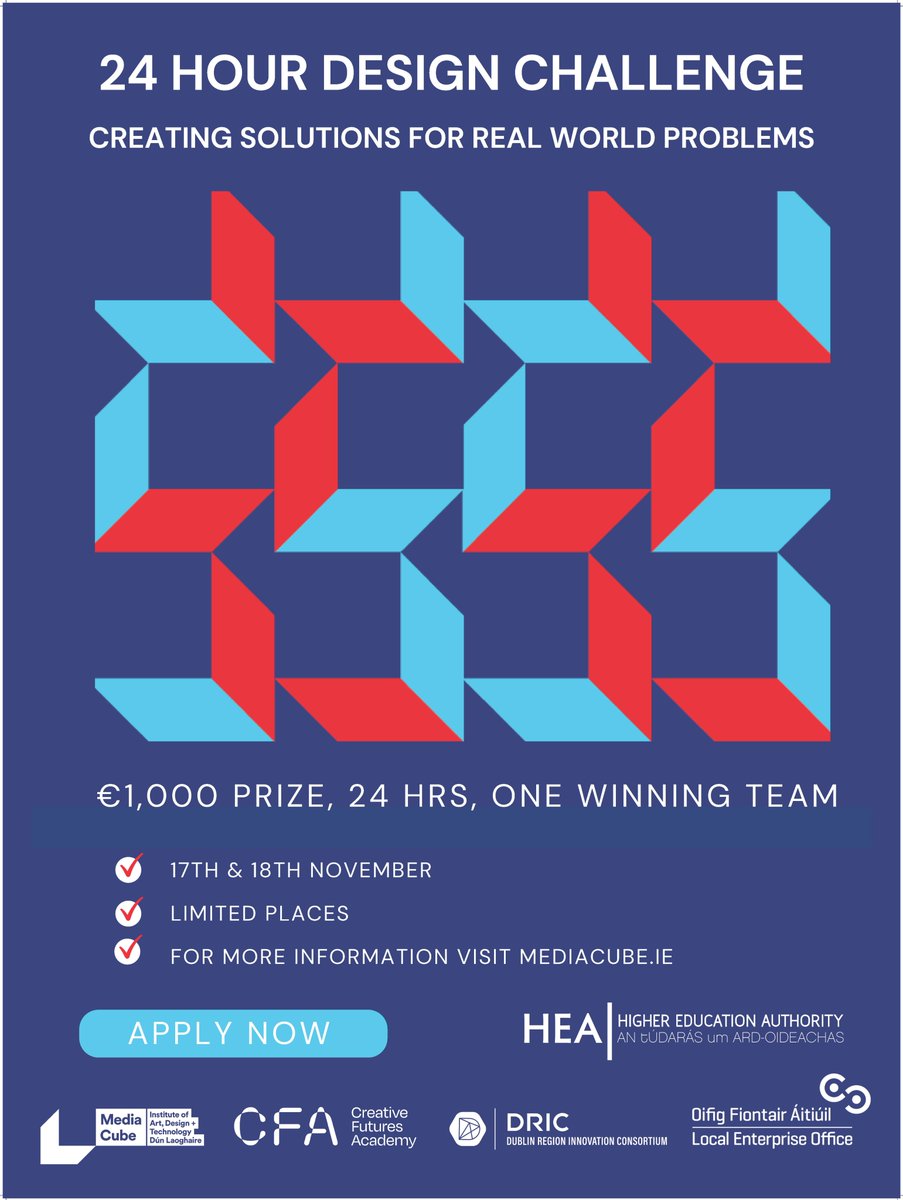 📢 Calling all students from @myIADT, @NCAD_Dublin + @HumanitiesUCD!📢 We have a prize of €1,000 up for grabs for the winning team of this year's IADT 24-Hour Design Challenge, taking place on the 17-18 November in partnership with @MediaCubeIADT. creativefuturesacademy.ie/events/iadt-24…