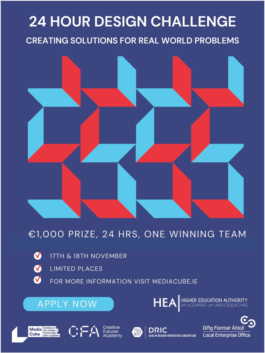 @creativefuturesacademy (@creativefutur16) on Twitter photo 📢 Calling all students from <a href="/myIADT/">IADT Dún Laoghaire</a>, <a href="/NCAD_Dublin/">National College of Art & Design</a> + <a href="/HumanitiesUCD/">UCD Arts&Humanities</a>!📢
We have a prize of €1,000 up for grabs for the winning team of this year's IADT 24-Hour Design Challenge, taking place on the 17-18 November in partnership with <a href="/MediaCubeIADT/">MediaCube-IADT</a>.
creativefuturesacademy.ie/events/iadt-24… 📢 Calling all students from <a href="/myIADT/">IADT Dún Laoghaire</a>, <a href="/NCAD_Dublin/">National College of Art & Design</a> + <a href="/HumanitiesUCD/">UCD Arts&Humanities</a>!📢
We have a prize of €1,000 up for grabs for the winning team of this year's IADT 24-Hour Design Challenge, taking place on the 17-18 November in partnership with <a href="/MediaCubeIADT/">MediaCube-IADT</a>.
creativefuturesacademy.ie/events/iadt-24…