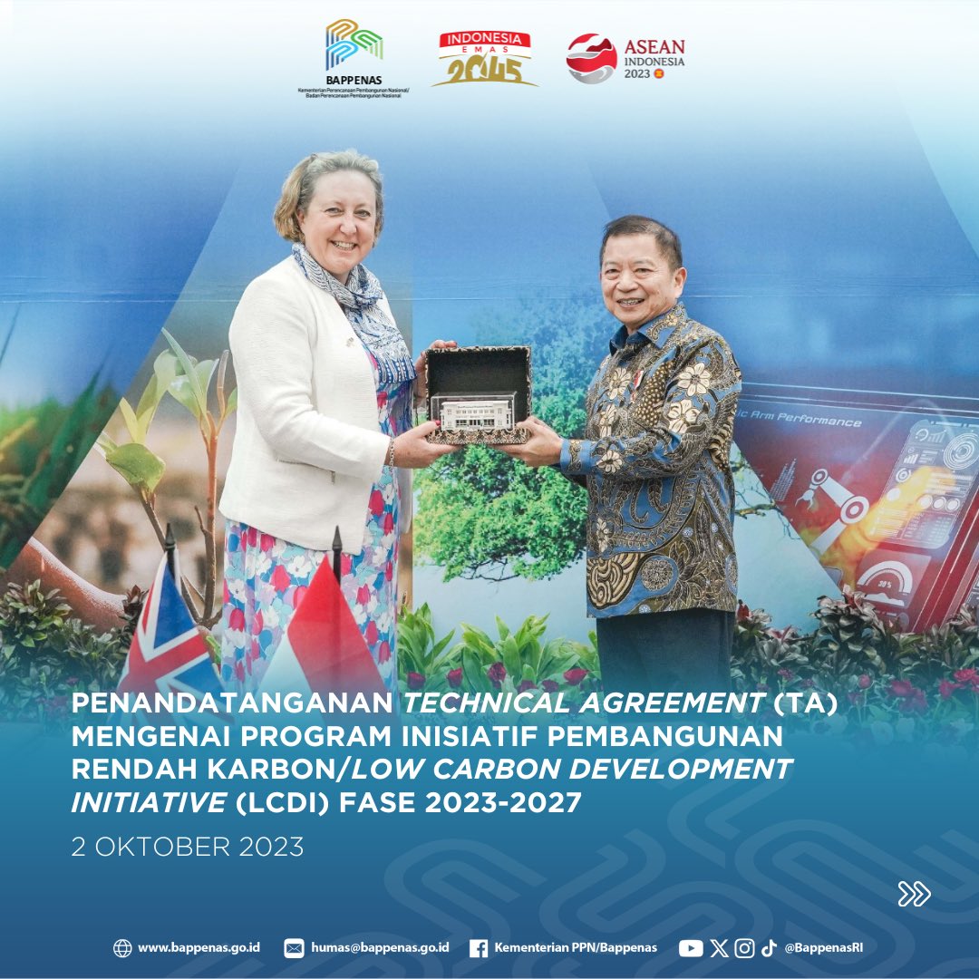 BappenasRI's tweet photo. #SahabatPembangunan Kementerian PPN/Bappenas dan United Kingdom Foreign Commonwealth and Development Office (UK-FCDO) melanjutkan kerja sama Program Low Carbon Development Initative (LCDI) untuk fase 2023-2027 melalui penandatanganan technical agreement pada Senin (2/10)
#LCDI https://t.co/73lXOPhrJ2