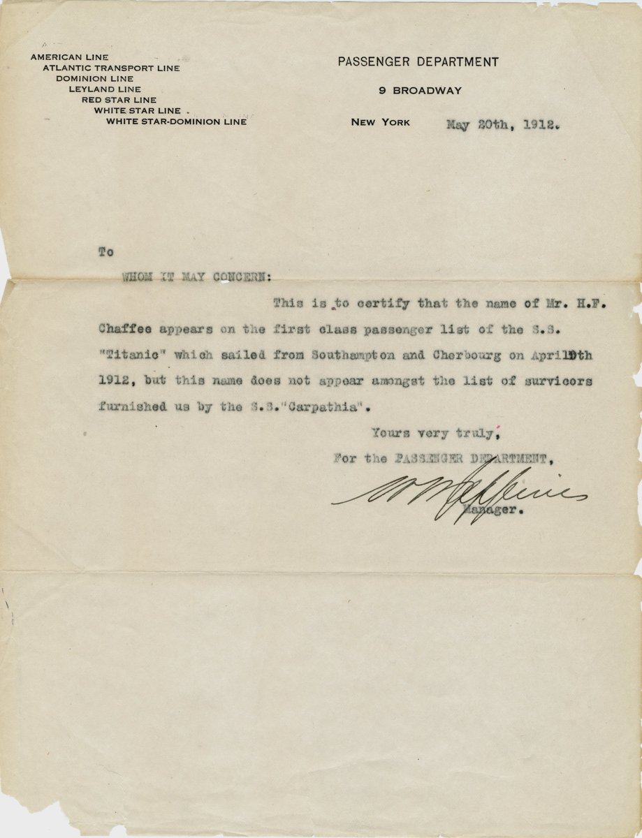 It's Archive Month. #ManuscriptMonday #ArchivesMonth #NDArchivesHashtagParty 
Herbert Fuller Chaffee, was owner and manager of the Amenia Sharon Land Co.  He and his wife Carrie were passengers on the Titanic. Here is the telegram stating he died.