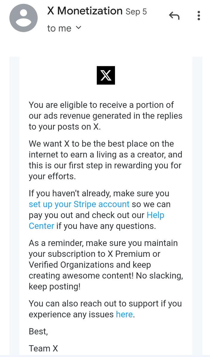 This is the mail you would receive from X when you fulfill all the requirements needed for the monetization of your account. So this how you set up your stripe account, information needed
* Tax Identification Number
*Bank Code or Bank Swift Code
* Your bank account details
*Your