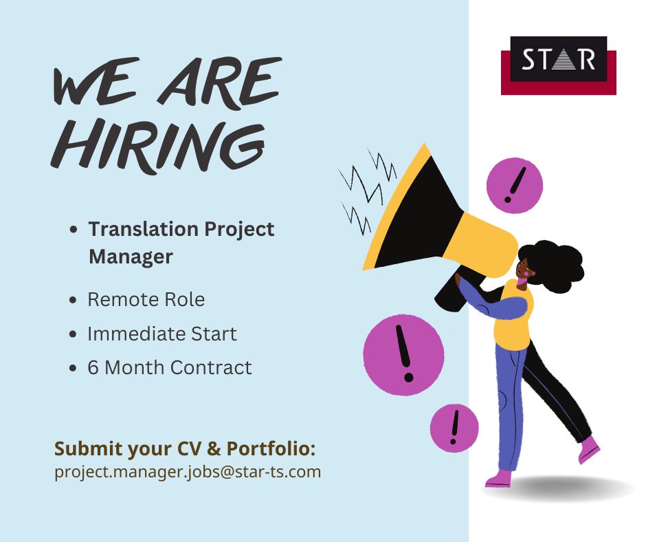StarTranslation's tweet photo. We're Hiring: Translation Project Manager: Remote Contract
Immediate Start.
https://t.co/sWATdhzkYu
#hiring #translationjobs #projectmanager #remotework #immediatestart #jobopening #contractposition #translationprojectmanager #nowhiring #jobopportunity #jobsearch #jobposting https://t.co/glISM9bvlF
