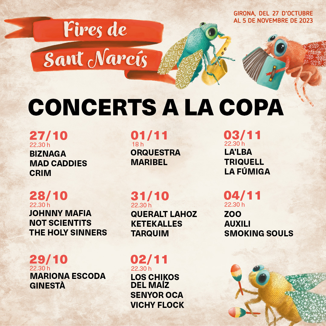 Girona_Cat's tweet photo. 🎡🎤 @ZooPosse, @ginestaoficial, @LaFumigaBand, @Auxili_Band, @marionaescoda, @chikosdelmaiz, @CrimPunkrock, @queralt_lahoz i @_triquell actuaran a les barraques de les Fires de Sant Narcís: 8 dies de música amb 20 grups  I #FiresGirona
👉 https://t.co/flNyCJuhw1 https://t.co/QPGfr22iYq