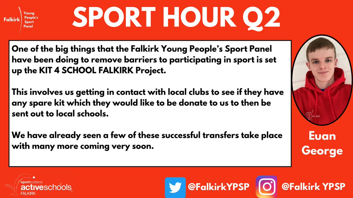 Falkirk Young People’s Sport Panel 

🚨Sport Hour🚨

Q2 -Tell us about examples you have seen in your club, school or community to remove barriers to participating in sport?

#SportHour