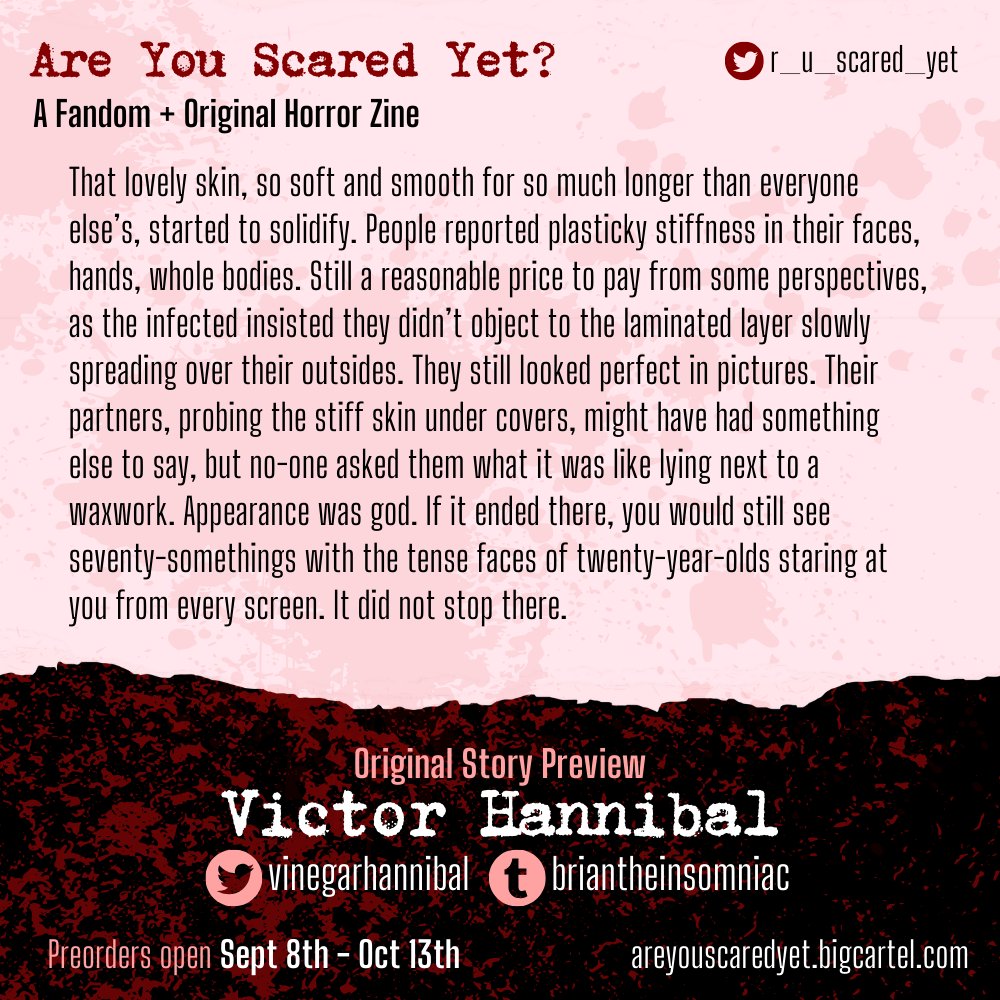 A chilling story by one of our great writers <a href="/vinegarhannibal/">Victor Hannibal</a> 

areyouscaredyet.bigcartel.com