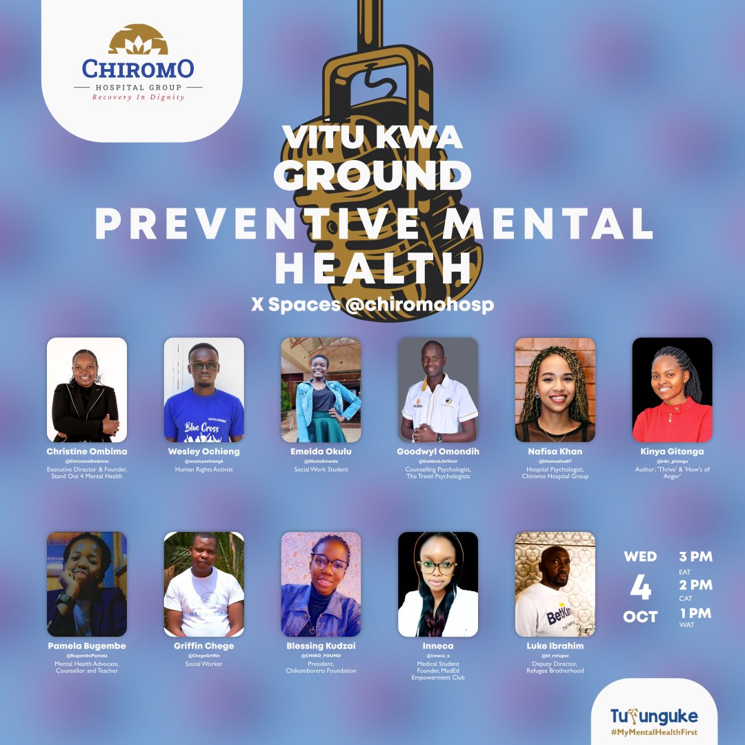 📚 Knowledge is empowerment!

Our panelists are ready to share their insights on 'Preventive Mental Health' during our #VituKwaGround Twitter Spaces conversation this Wednesday from 3PM

Get ready to learn, grow, and empower yourself for a healthier tomorrow. 📖💪

#Tufunguke