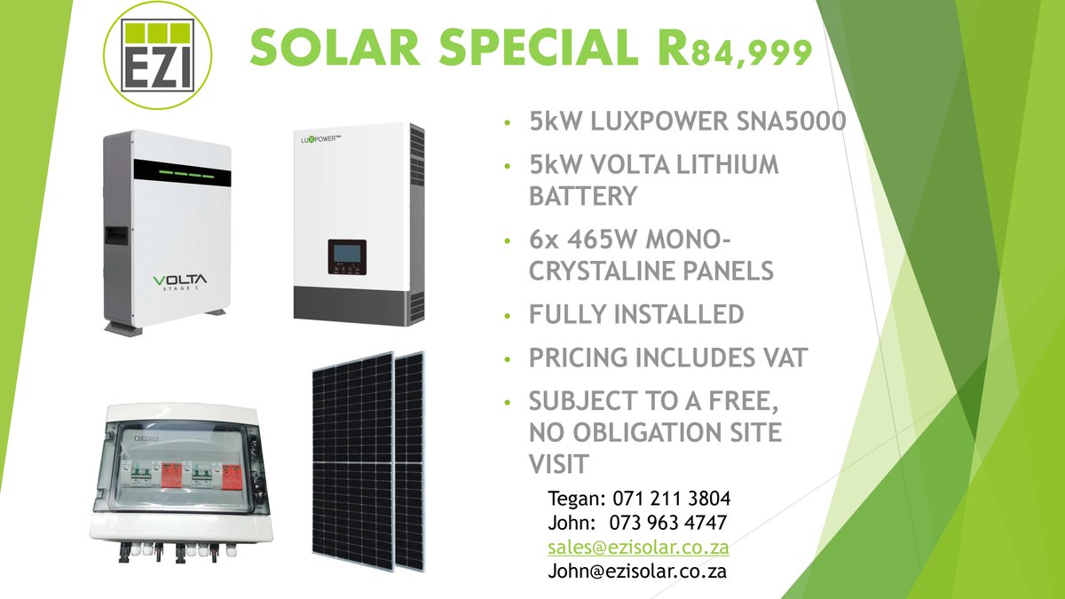 EzigroupSolar's tweet photo. Solar Special R84,999
5kw Luxpower Sna5000 
5kw Volta Lithium Battery
6x 465w Mono- Crystaline Panels
Fully Installed
Subject To a Free, no Obligation Site Visit
0712113804
0739634747
sales@ezisolar.co.za
#solarenergy #batteries #Battery #inverter #VoltaLithium 5kwluxpower https://t.co/7K1gHzz9Nv