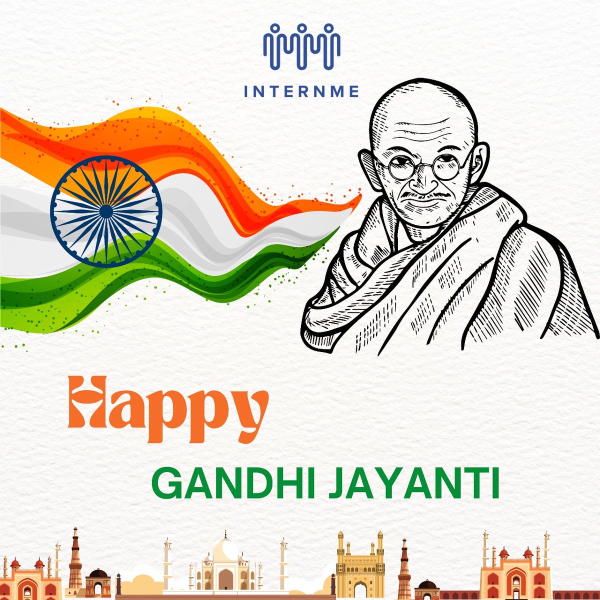internme_intern's tweet photo. Remembering the father of our nation on his birth anniversary. Happy Gandhi Jayanti! 
#GandhiJayanti #MahatmaGandhi #InspiringMessages #Wishes https://t.co/nl7DrAKoFw