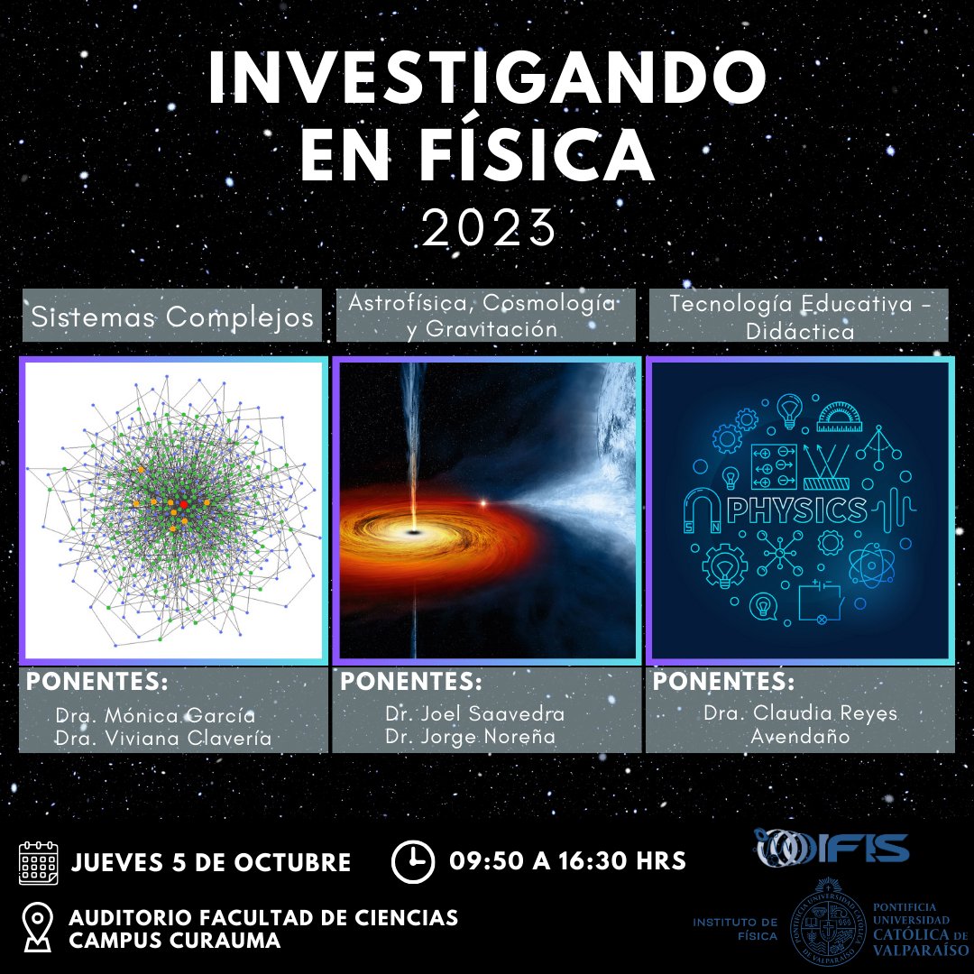 En la semana de la ciencia, el evento “Investigando en Física 2023” presenta una selección no exhaustiva de los temas de investigación llevados a cabo por los académicos del Instituto de Física.🎓🔬

Revisa toda la info aquí:

fis.ucv.cl/investigando-e…

 ¡No te lo pierdas! 🔭🌌