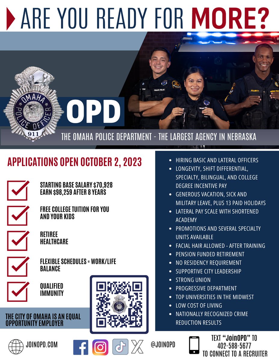 It's time! Are you ready for more? Applications are open for basic &amp; lateral police officers! Visit joinopd.com #OPD #JoinOPD #omaha #police #policeofficer #lawenforcment #readyformore #newchapter #goals #careers #jobs #omahapolice #officer #LEO #lateral #USA
