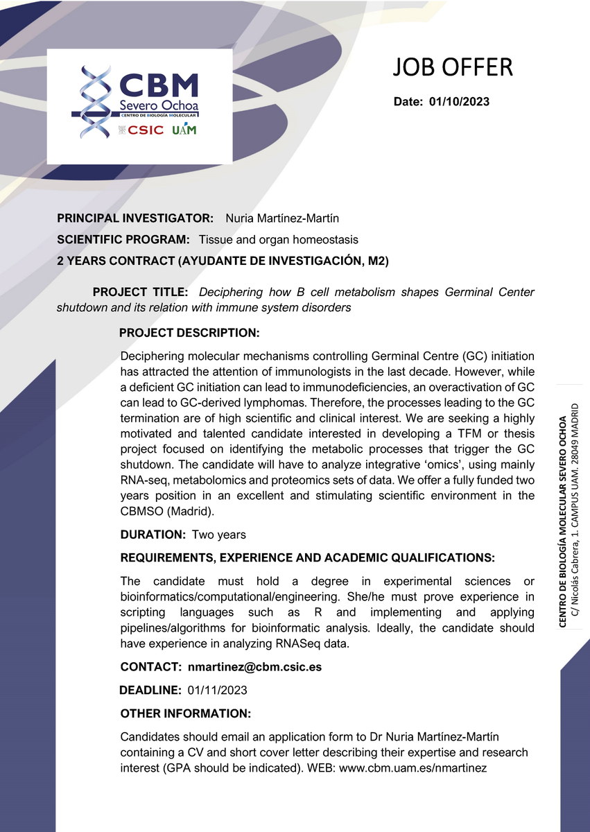 Are you a recent bioinformatics grad eager to make your mark in B cell metabolism research? Join us at Nuria Martinez Martin's Lab! We offer two-year contract!! 
#Ayudanteinvestigacion2023