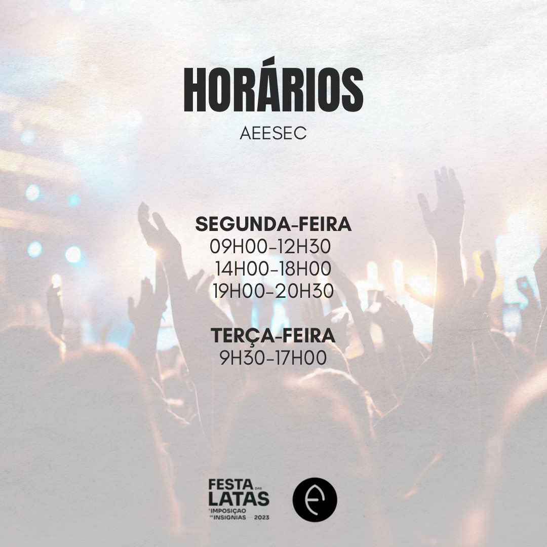 ℹ️ Esta segunda e terça-feira poderás levantar a tua pulseira, caso tenhas adquirido o voucher na AEESEC. 

Consulta o horário alargado da nossa Associação de Estudantes.
