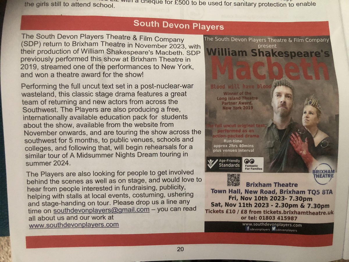 sdevonplayers's tweet photo. In the local town magazine with many thanks to lovely @brixhamtc #devontheatre #brixhamtheatre #devonactors #macbeth #devon #torbay #theater #acting #stage #britishtheatre #regionaltheatre #touringtheatre #shakespeare #brixhamdevon #theatrearts #DevonActors #brixham #inthenews https://t.co/HbrXgDCA2n
