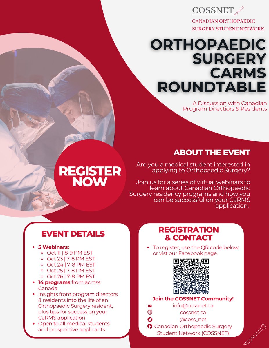 Calling all applicants to Canadian Ortho programs for #CaRMS2024!  

Join COSSNET's Orthopaedic Surgery CaRMS Roundtable! Residents &amp; program directors nationwide will share insights into their programs &amp; the application process.
